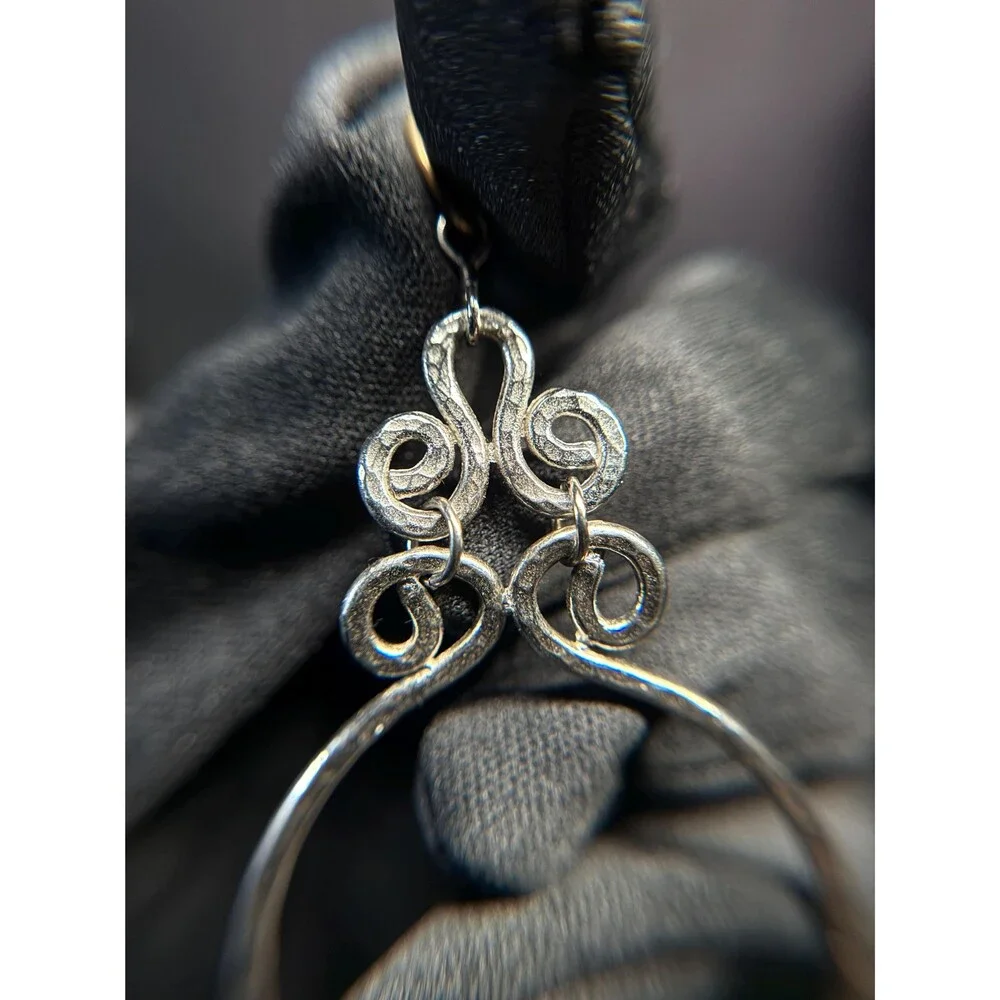 Silver Tone Hammered Open Hoop Scroll Pendant Large Boho Drop
